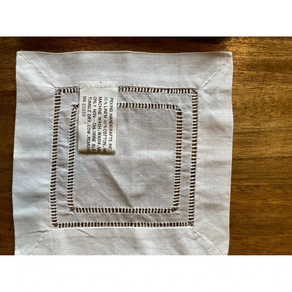 Peking Handicrafts‎ White Linen Cotton Hemstitch Cocktail Napkins Set of 12 6x6